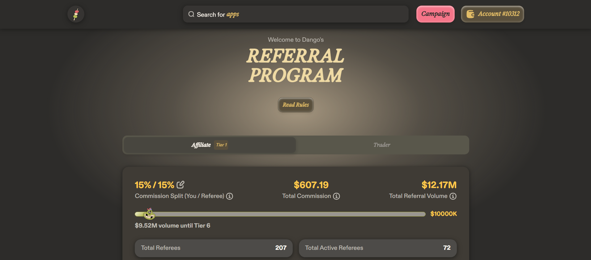 Dango Exchange referral program — $12.17M total referral volume and $607.19 total commission, 207 referees / 72 active
